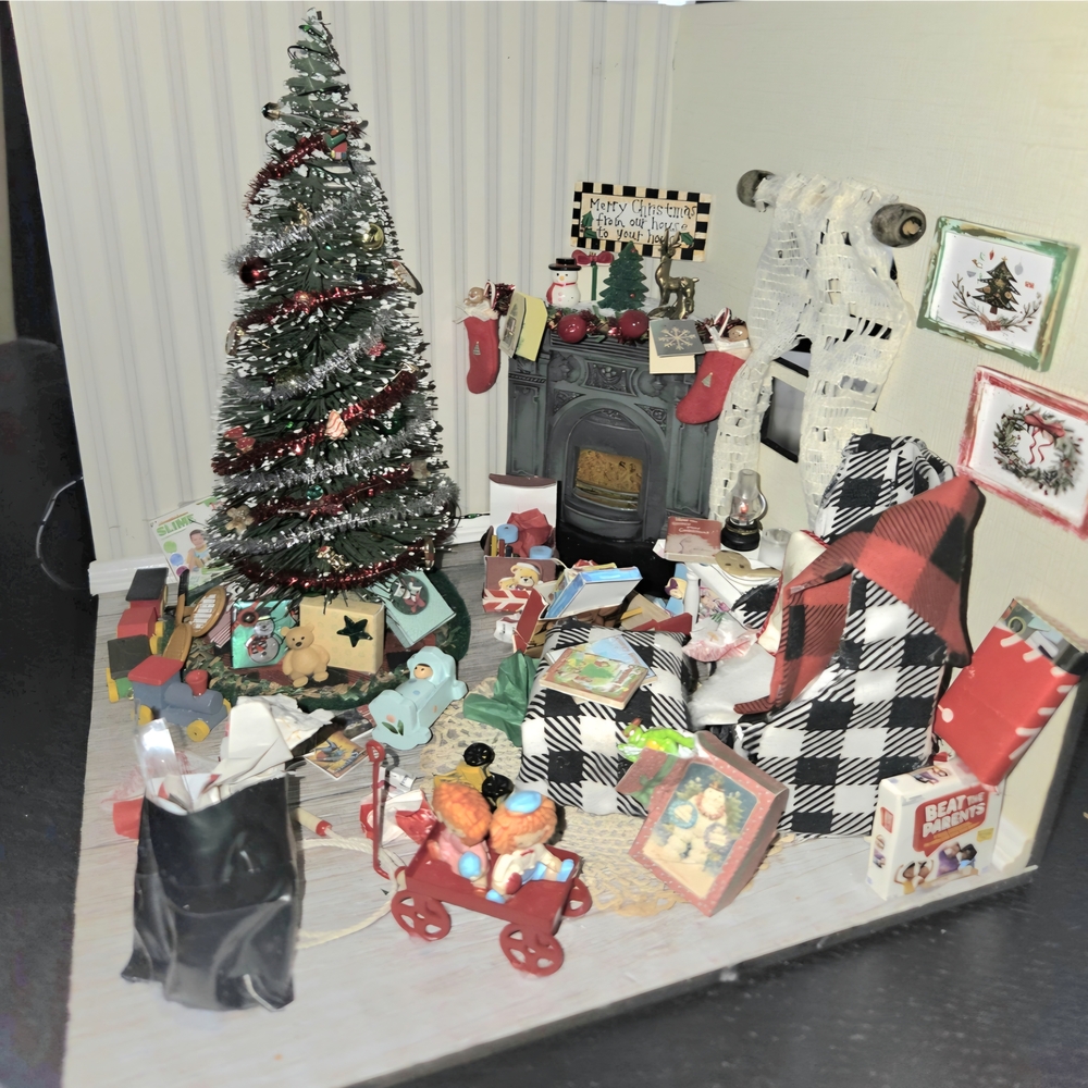 Dollhouse Miniature Festive Holiday Scene with Christmas Tree and Gifts